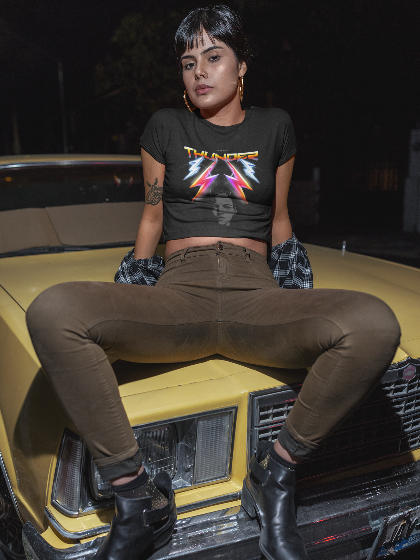 latin-girl-wearing-a-tshirt-mockup-sitting-on-the-hood-of-a-car-a19418.png